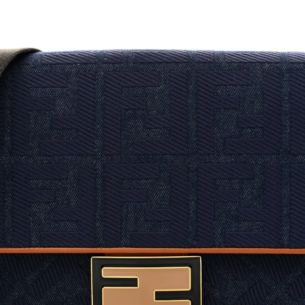 Denim Vitello King FF Embroidered Large Baguette Blue Cuoio