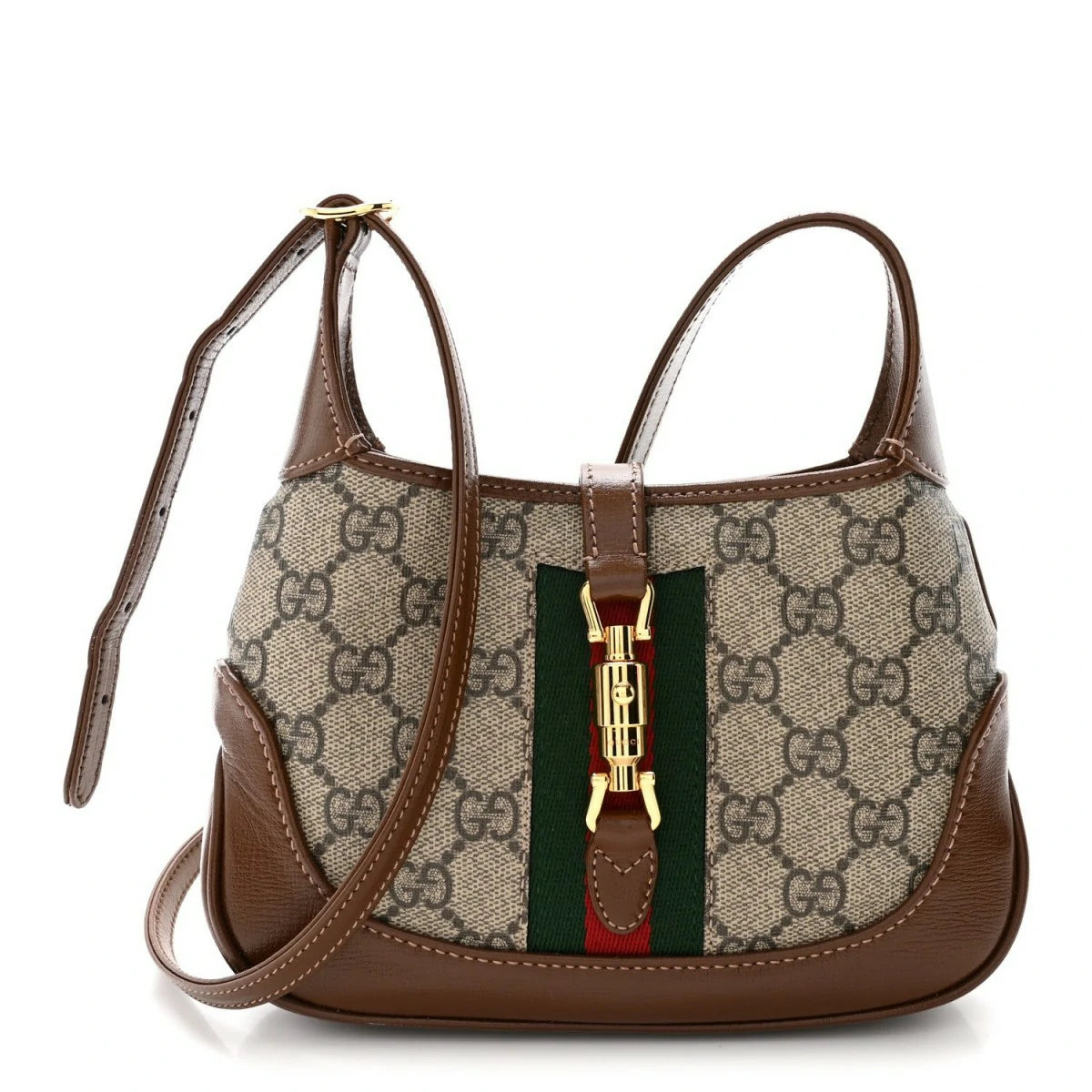 GG Supreme Monogram Azalea Calfskin Web Mini Jackie 1961 Hobo Beige Ebony Brown Sugar