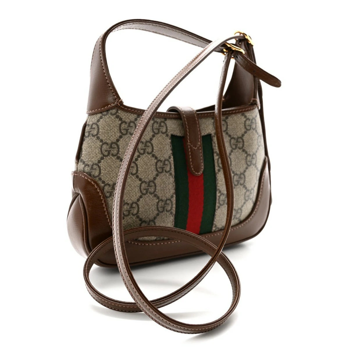 GG Supreme Monogram Azalea Calfskin Web Mini Jackie 1961 Hobo Beige Ebony Brown Sugar