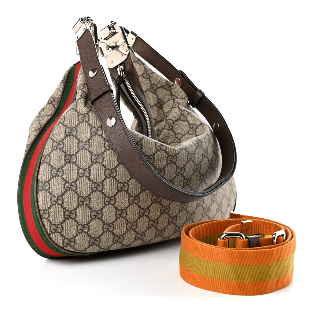 GG Supreme Monogram Textured Calfskin Web Large Attache Shoulder Bag Beige Ebony New Acero