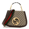 GG Supreme Monogram Textured Dollar Calfskin Web Medium Blondie Top Handle Shoulder Flap Bag Beige Ebony New Acero