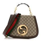 GG Supreme Monogram Textured Dollar Calfskin Web Medium Blondie Top Handle Shoulder Flap Bag Beige Ebony New Acero