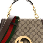 GG Supreme Monogram Textured Dollar Calfskin Web Medium Blondie Top Handle Shoulder Flap Bag Beige Ebony New Acero