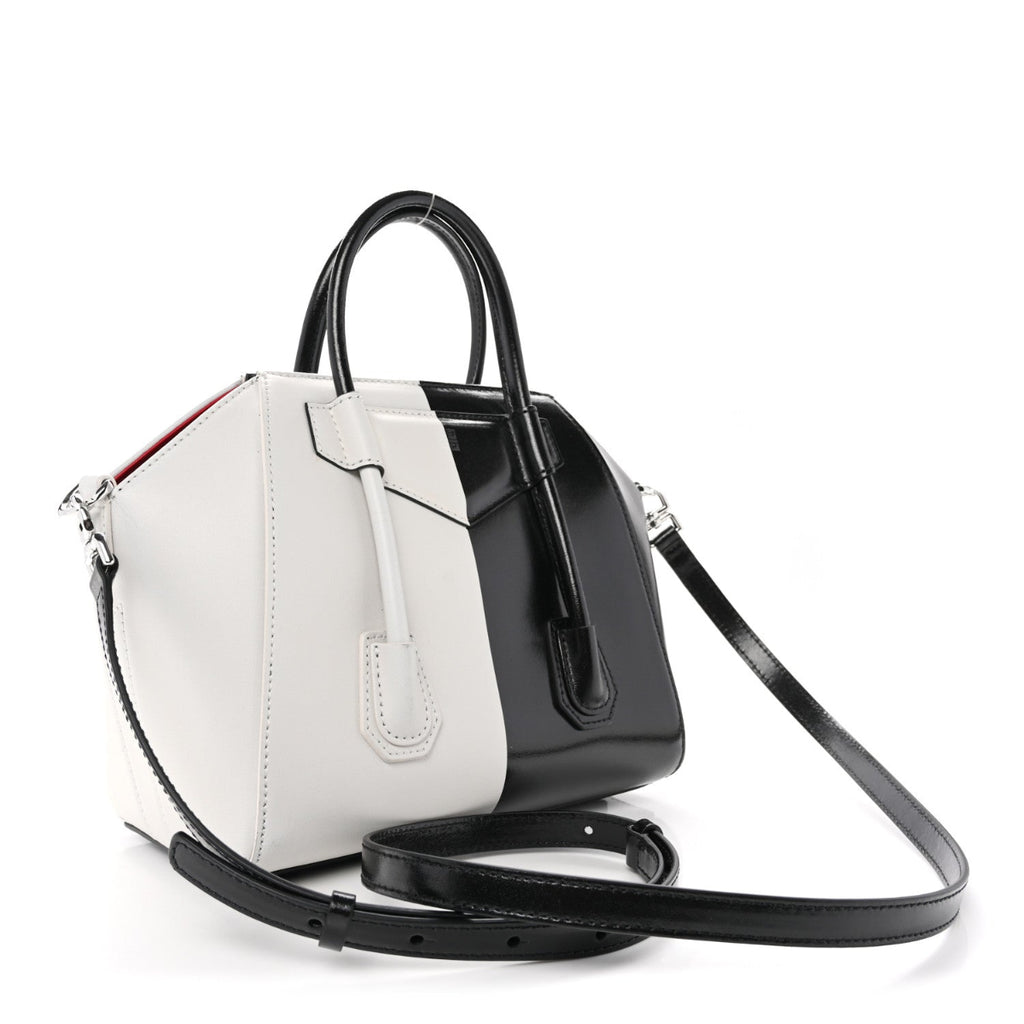 Box Calfskin Mini Lock Antigona Shoulder Bag Black White