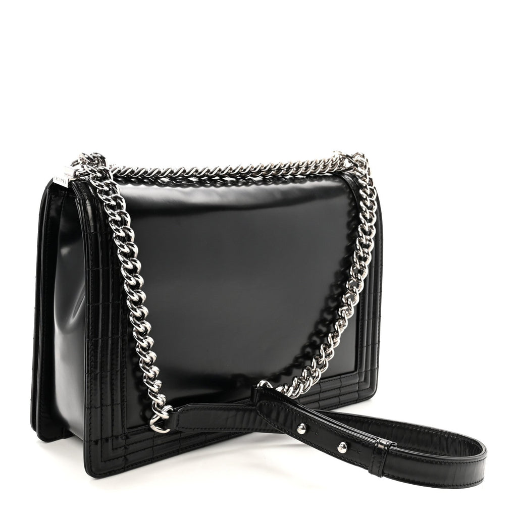 Glazed Calfskin Large Boy Flap Black