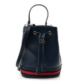 Glazed Textured Calfskin Web Small Ophidia Bucket Bag Blue Agata