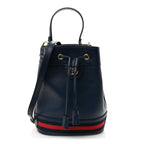 Glazed Textured Calfskin Web Small Ophidia Bucket Bag Blue Agata