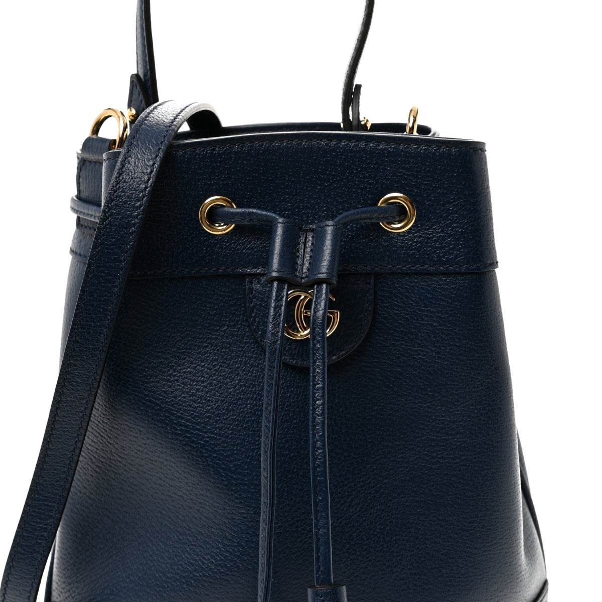 Glazed Textured Calfskin Web Small Ophidia Bucket Bag Blue Agata