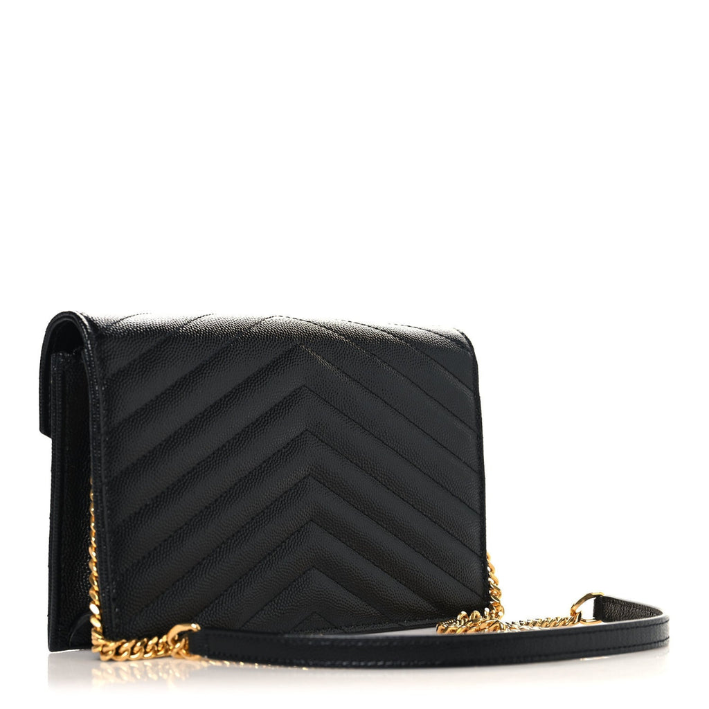 Grain De Poudre Matelasse Chevron Monogram Envelope Chain Wallet Black