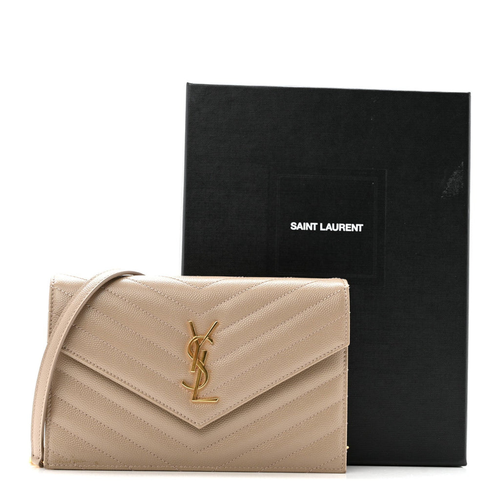 Grain De Poudre Matelasse Chevron Monogram Envelope Chain Wallet Dark Beige