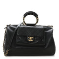 Grained Calfskin Lambskin Quilted Large Bowling Bag Black