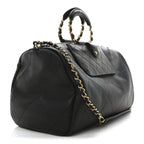 Grained Calfskin Lambskin Quilted Large Bowling Bag Black