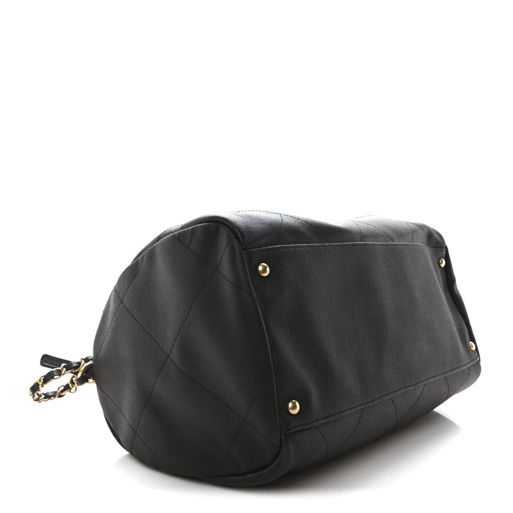 Grained Calfskin Lambskin Quilted Large Bowling Bag Black