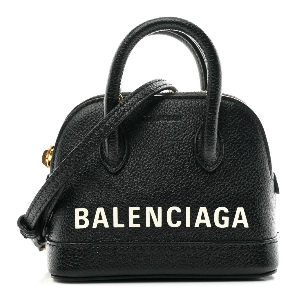 Grained Calfskin Logo Mini Ville Top Handle Bag Black White