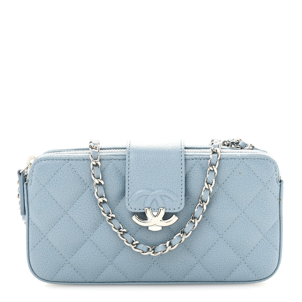 Grained Calfskin Quilted CC Box Clutch With Chain Blue