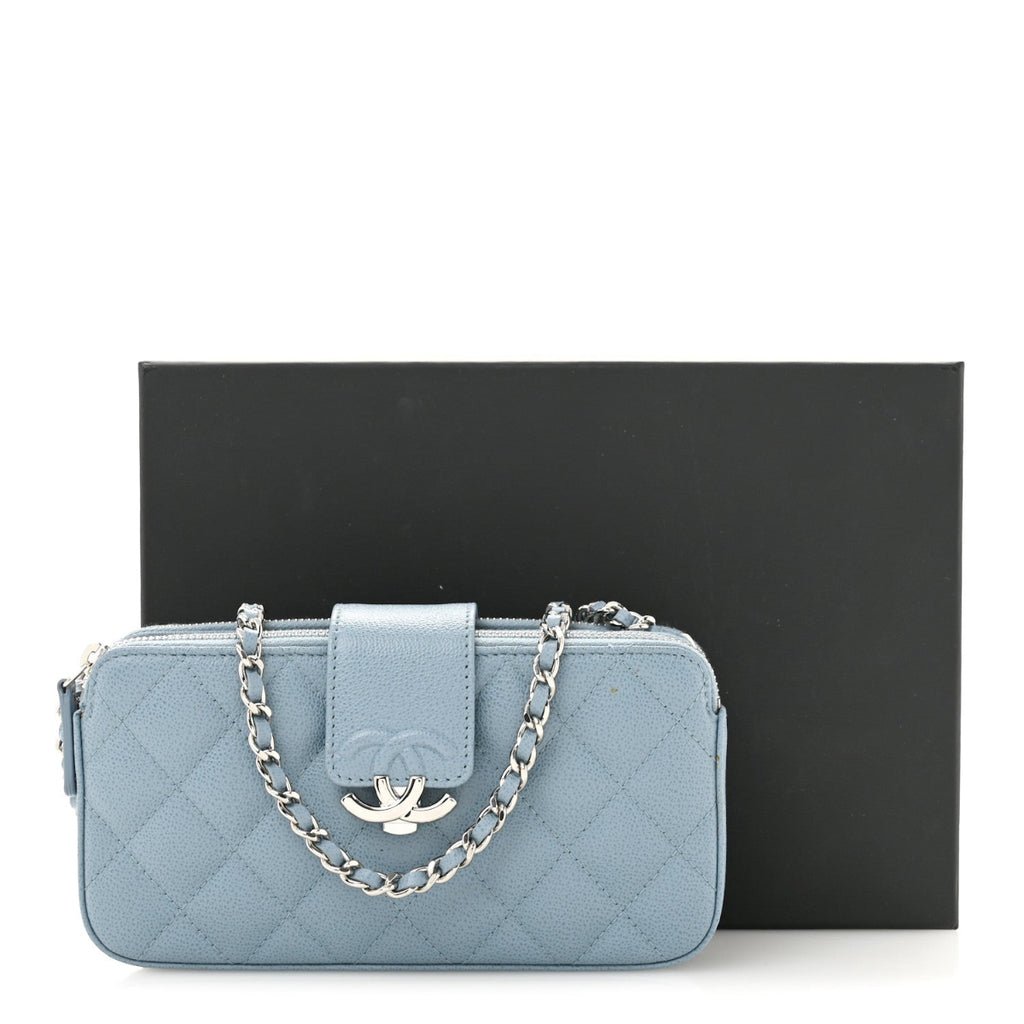 Grained Calfskin Quilted CC Box Clutch With Chain Blue