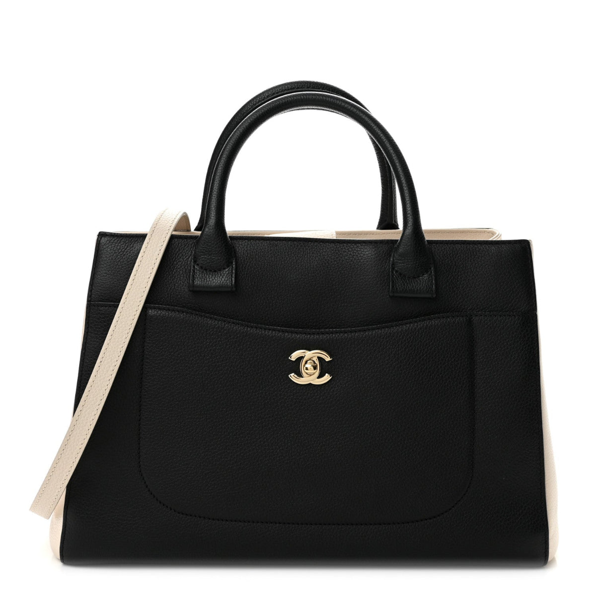 Grained Calfskin Small Bi-Color Neo Executive Shopper Tote Black Beige