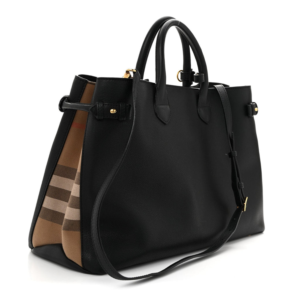 Grainy Calfskin House Check Large Banner Tote Black