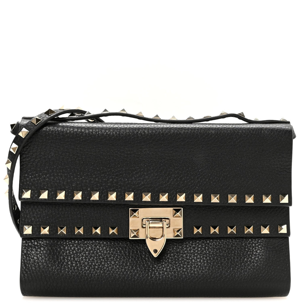 Grainy Calfskin Rockstud Double Flap Crossbody Bag Black