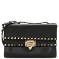 Grainy Calfskin Rockstud Double Flap Crossbody Bag Black