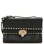 Grainy Calfskin Rockstud Double Flap Crossbody Bag Black