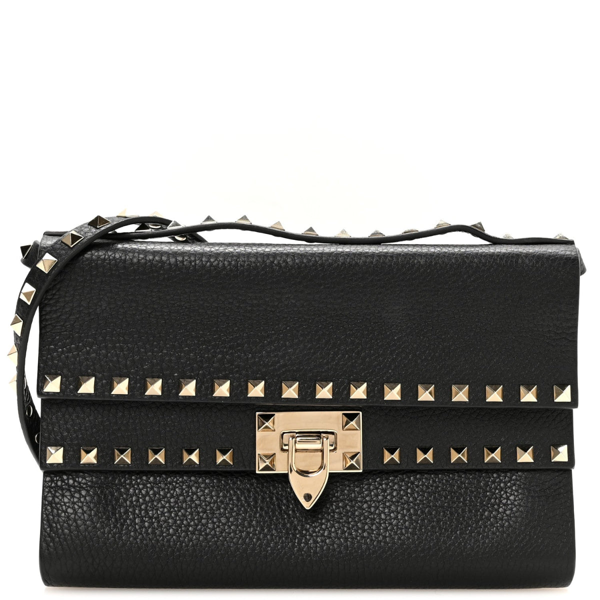 Grainy Calfskin Rockstud Double Flap Crossbody Bag Black