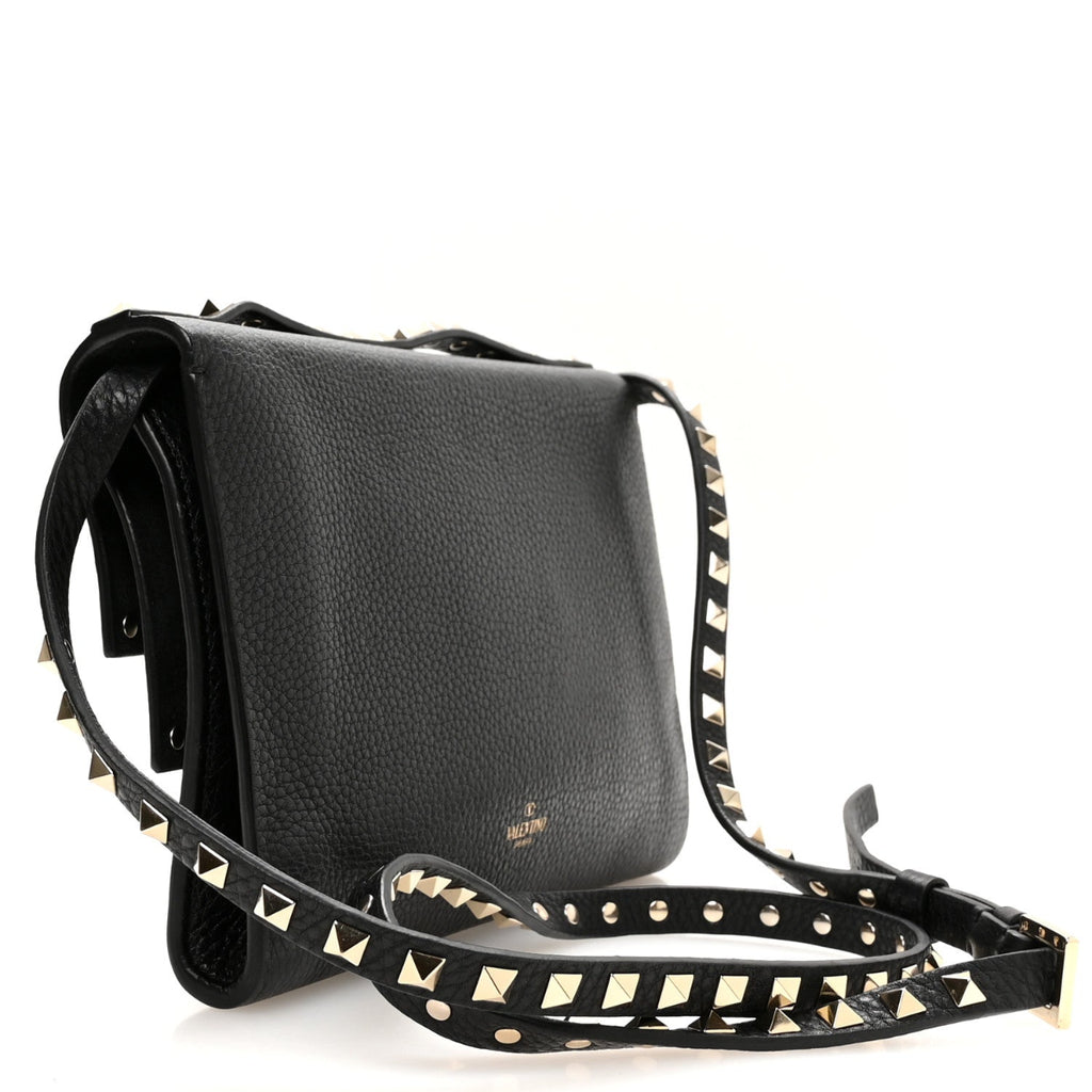 Grainy Calfskin Rockstud Double Flap Crossbody Bag Black