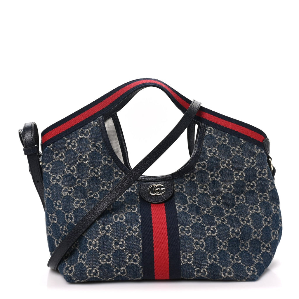 Denim GG Monogram Web Small Giglio Tote Blue White