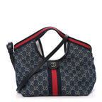 Denim GG Monogram Web Small Giglio Tote Blue White