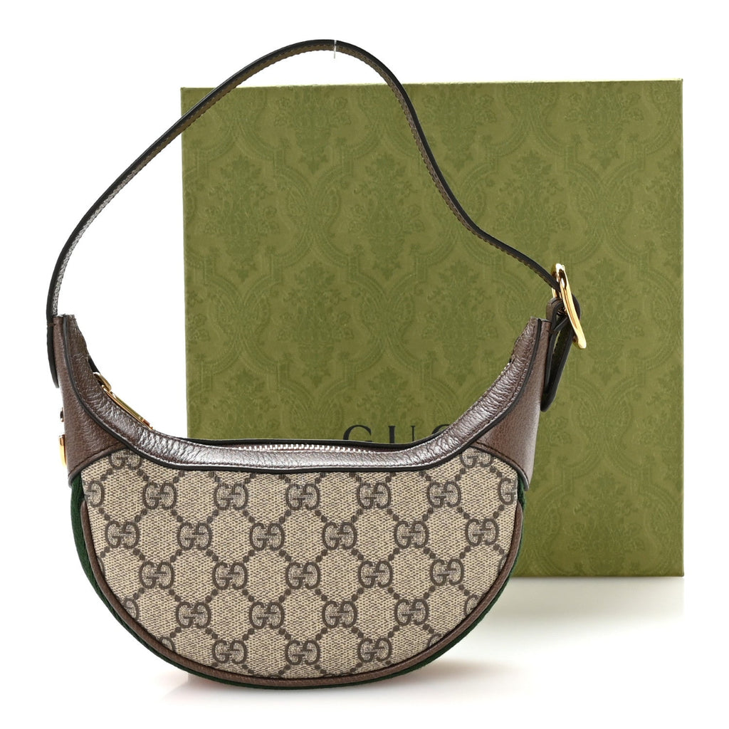 GG Supreme Monogram Textured Calfskin Web Mini Ophidia Half Moon Hobo Beige Ebony New Acero Beige Ebony New Acero