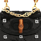 Sequin Lizard Embossed GG Mini Bamboo 1947 Top Handle Chain Bag Black White