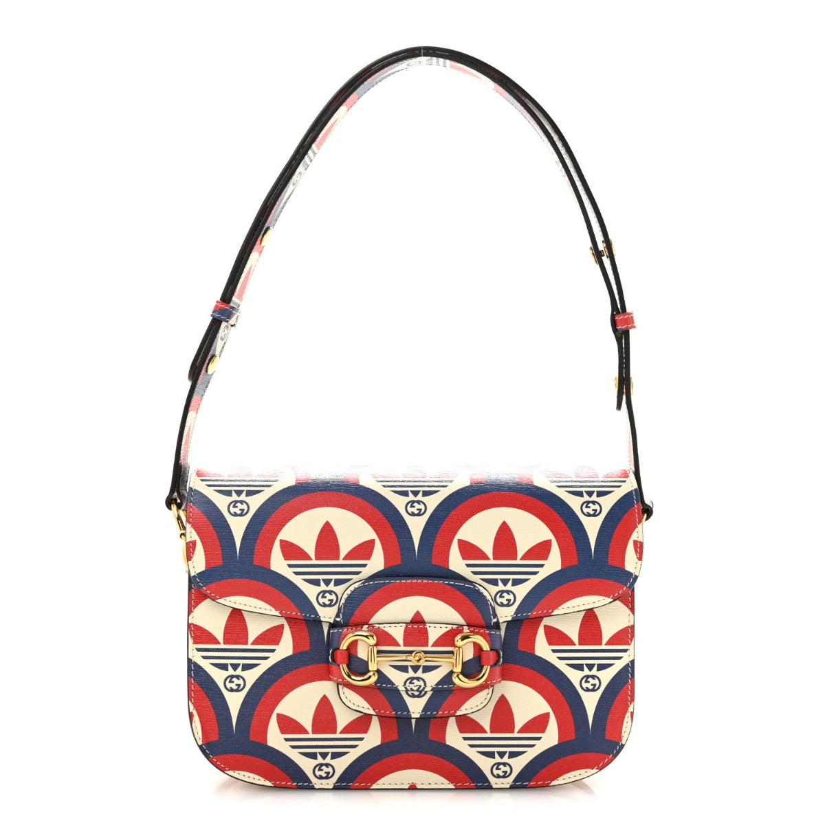 X ADIDAS Shangai Calfskin Web Trefoil Interlocking G Small Horsebit 1955 Shoulder Bag Red White Blue