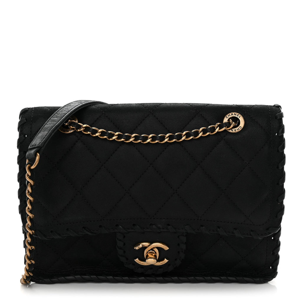 Iridescent Calfskin Small Happy Stitch Flap Black