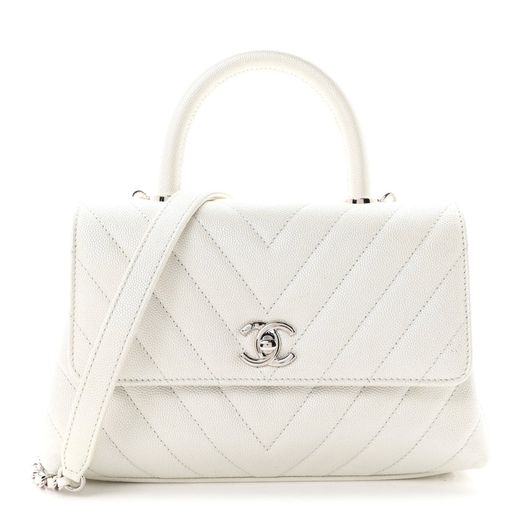 Iridescent Caviar Chevron Quilted Mini Coco Handle Flap White
