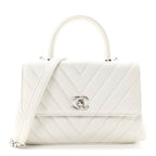Iridescent Caviar Chevron Quilted Mini Coco Handle Flap White