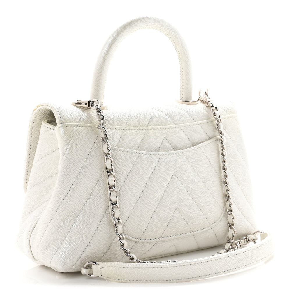 Iridescent Caviar Chevron Quilted Mini Coco Handle Flap White