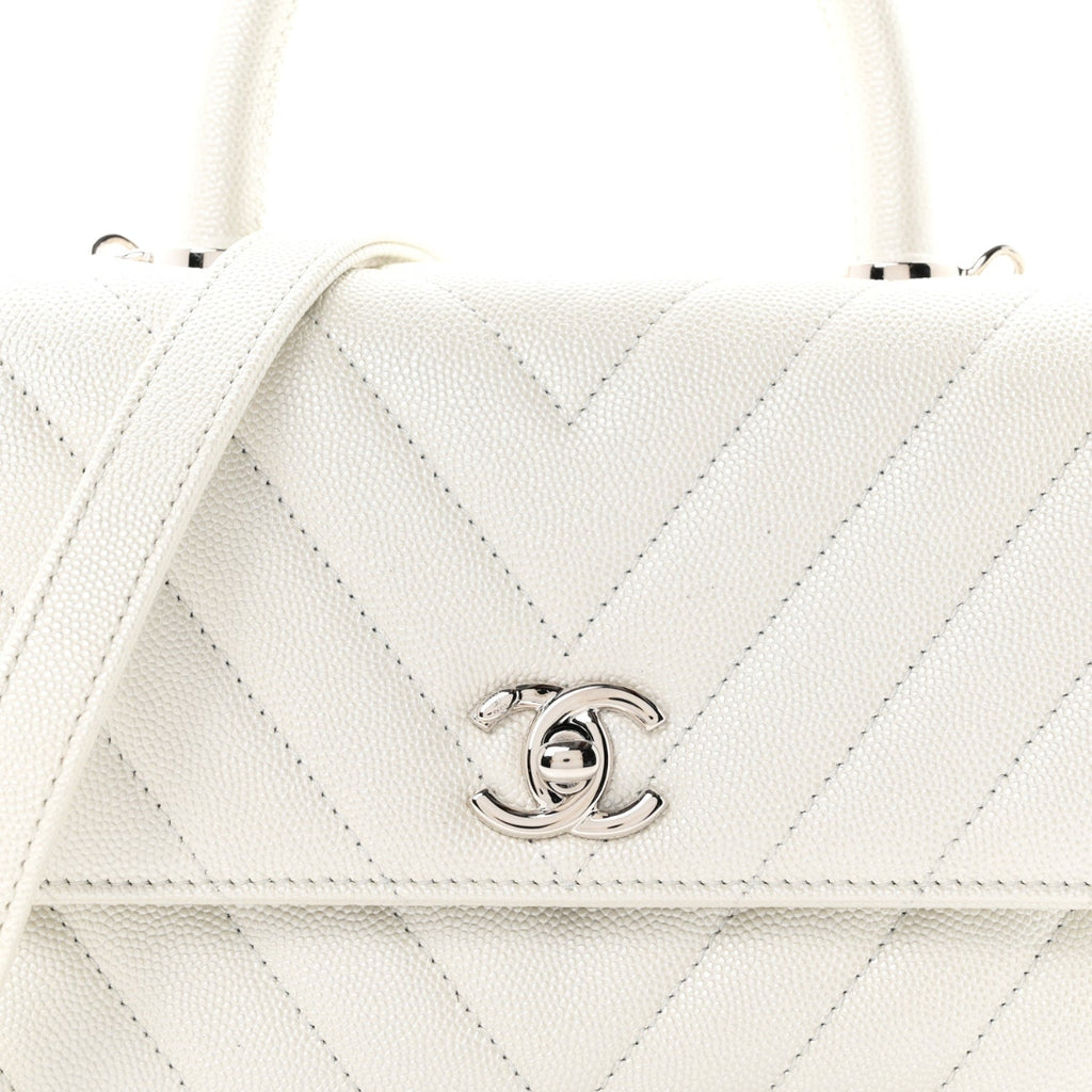 Iridescent Caviar Chevron Quilted Mini Coco Handle Flap White