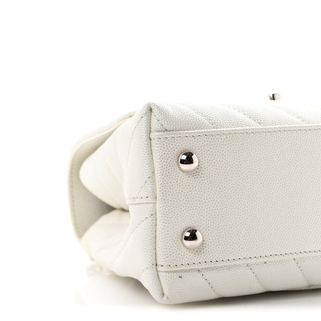 Iridescent Caviar Chevron Quilted Mini Coco Handle Flap White