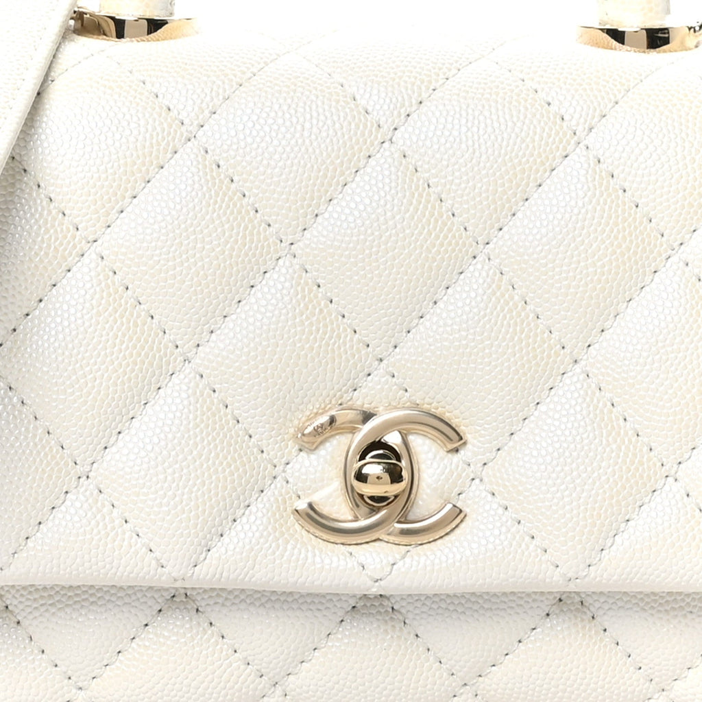Iridescent Caviar Quilted Extra Mini Coco Handle Flap White