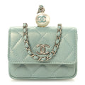 Iridescent Caviar Quilted Pearl On Top Coin Purse With Chain Light Green