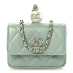 Iridescent Caviar Quilted Pearl On Top Coin Purse With Chain Light Green