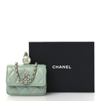 Iridescent Caviar Quilted Pearl On Top Coin Purse With Chain Light Green
