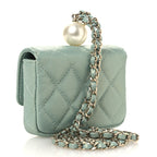 Iridescent Caviar Quilted Pearl On Top Coin Purse With Chain Light Green