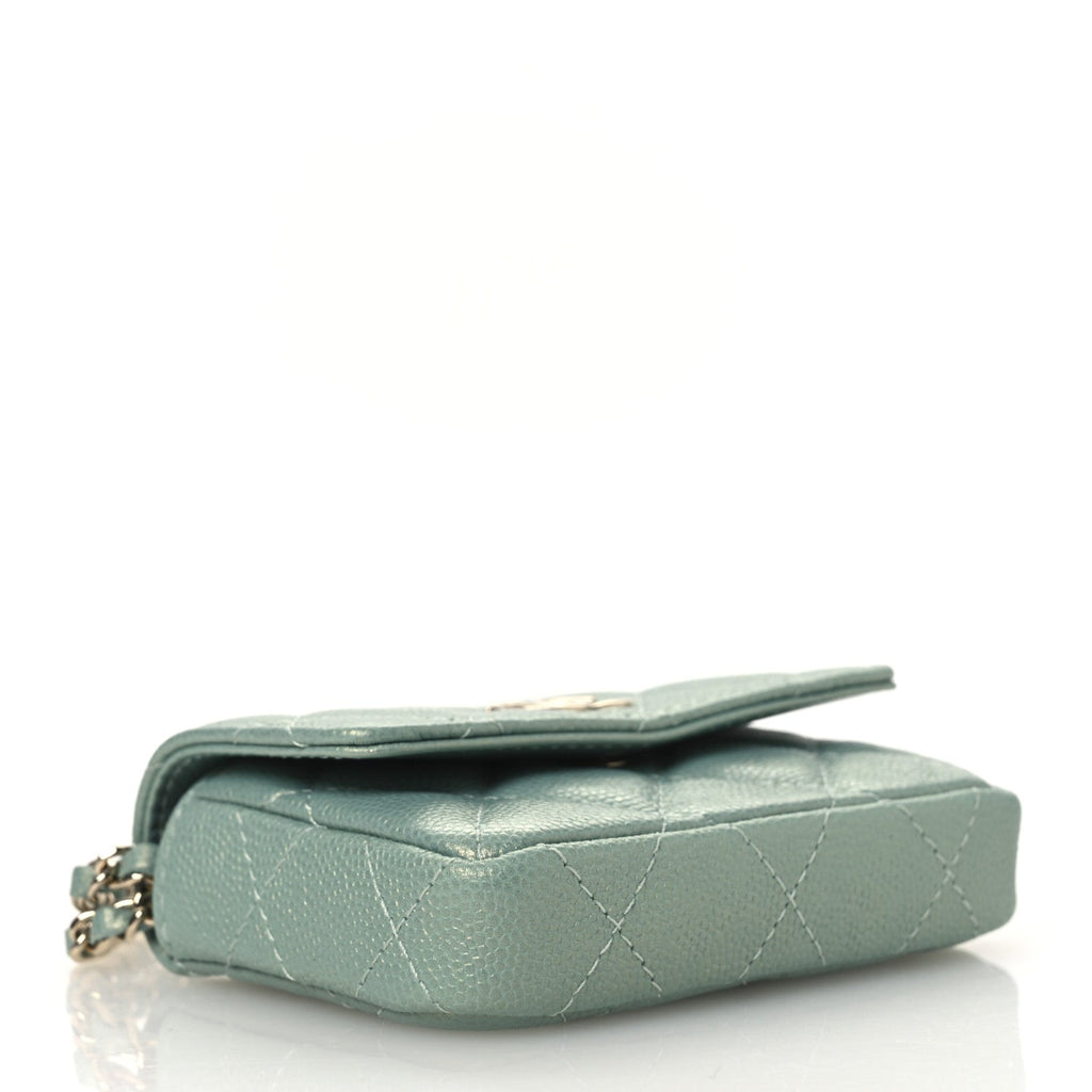Iridescent Caviar Quilted Pearl On Top Coin Purse With Chain Light Green