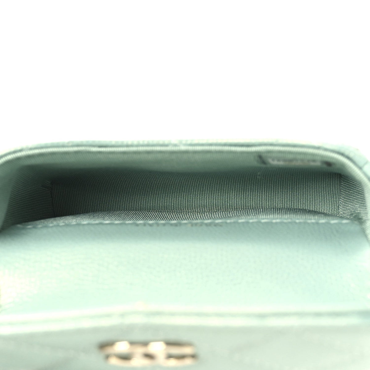 Iridescent Caviar Quilted Pearl On Top Coin Purse With Chain Light Green