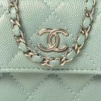 Iridescent Caviar Quilted Pearl On Top Coin Purse With Chain Light Green