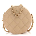 Iridescent Caviar Quilted Round Clutch With Chain Beige
