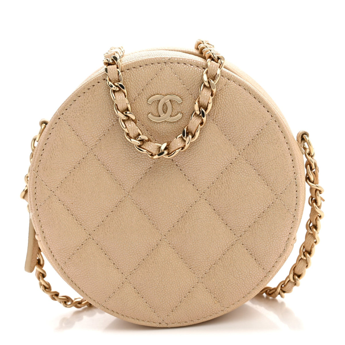 Iridescent Caviar Quilted Round Clutch With Chain Beige