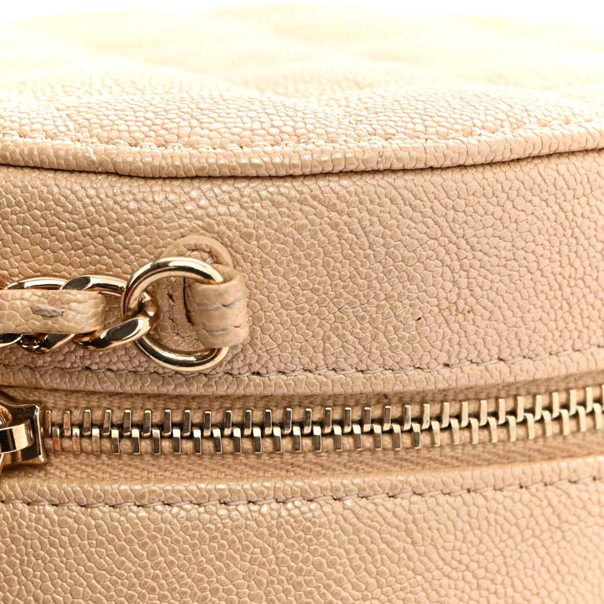 Iridescent Caviar Quilted Round Clutch With Chain Beige