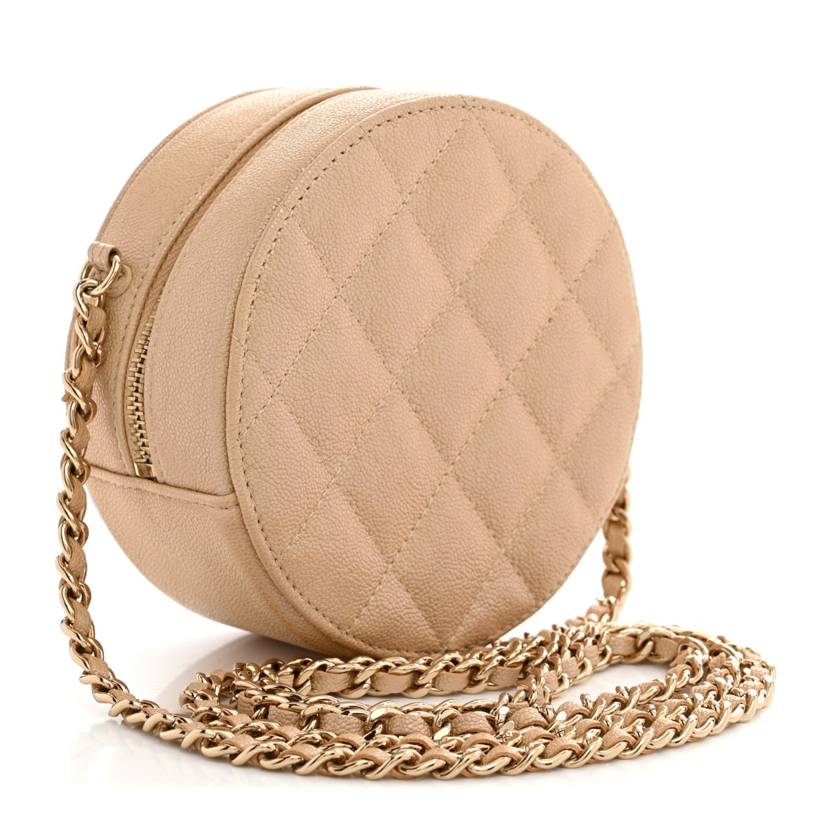 Iridescent Caviar Quilted Round Clutch With Chain Beige